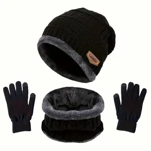 Winter Hat Scarf Gloves Set, Outdoor Cycling Knit Cap Neck Gaiter Three-Piece Set, Winter Outdoor Scarf Gloves Triangle Hat