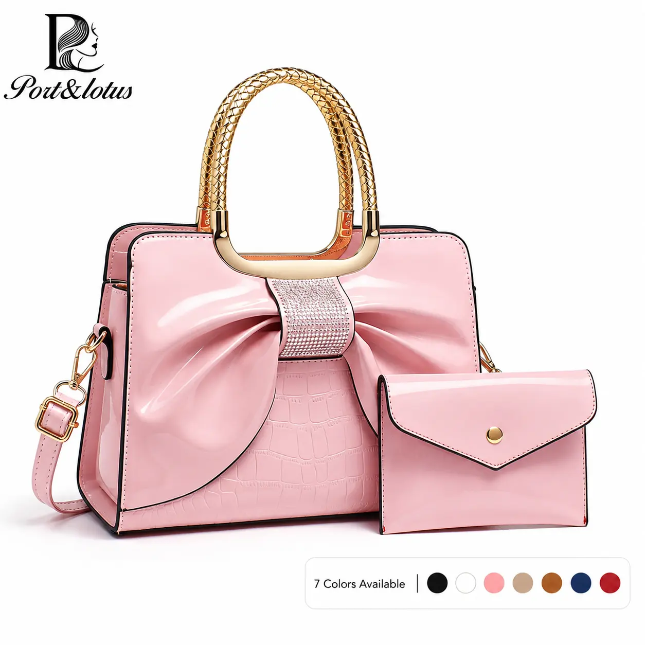 Port&Lotus Medium Capacity Crossbody Bags for Women, Cute Shoulder Bags, Trending Purses for 2026, Chic Everyday Bag, Handbags, Purses for Women with Golden Braided Top Handle, Large Bow Decoration & Crocodile Embossed Design