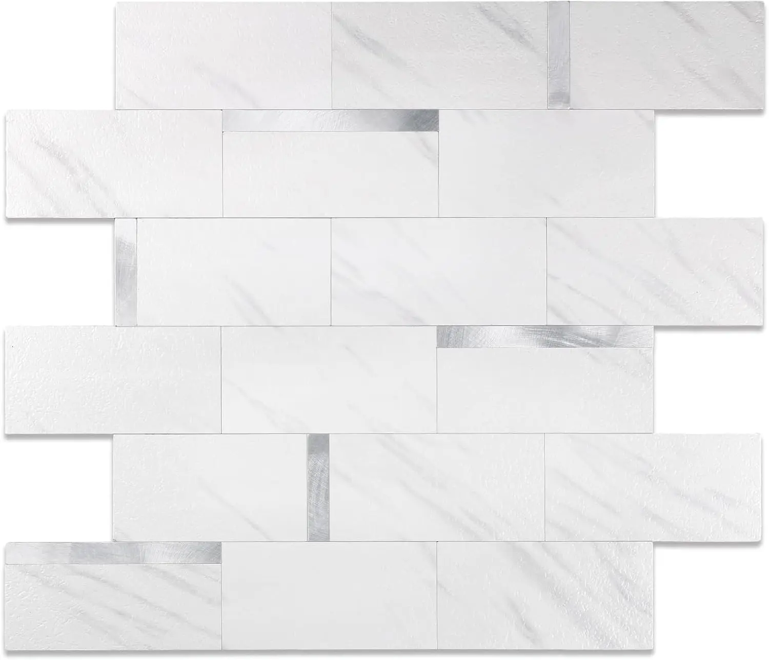 10-Sheets PVC Modern Luxury Backsplash Tiles, Carla White Mixed Metal Subway Tiles with Upgraded Lasting Adhesive Firm Grip, Realistic Luxurious Look for Kitchen, Bathroom