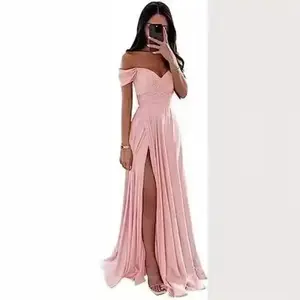 2026-2027-Women’s off-shoulder mermaid bridesmaid dresses , long ruched satin prom dresses with slit