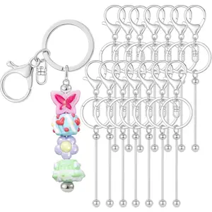 15Pcs Beadable Keychains Bulk Kit Cute Beadable Keychains Bar for Beads DIY Keychain Making Supplies for Women Men Crafts Jewelry Bag Charms Custom Projects Gift (Silver)