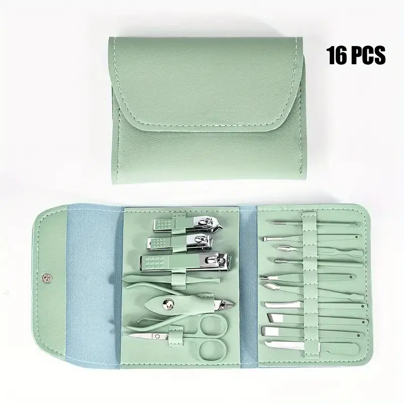 16 Piece Stainless Steel Ear Spoon and Nail Clipper Set, Matcha Nail Care Kit for Trimming Cuticles and Cleaning Nails