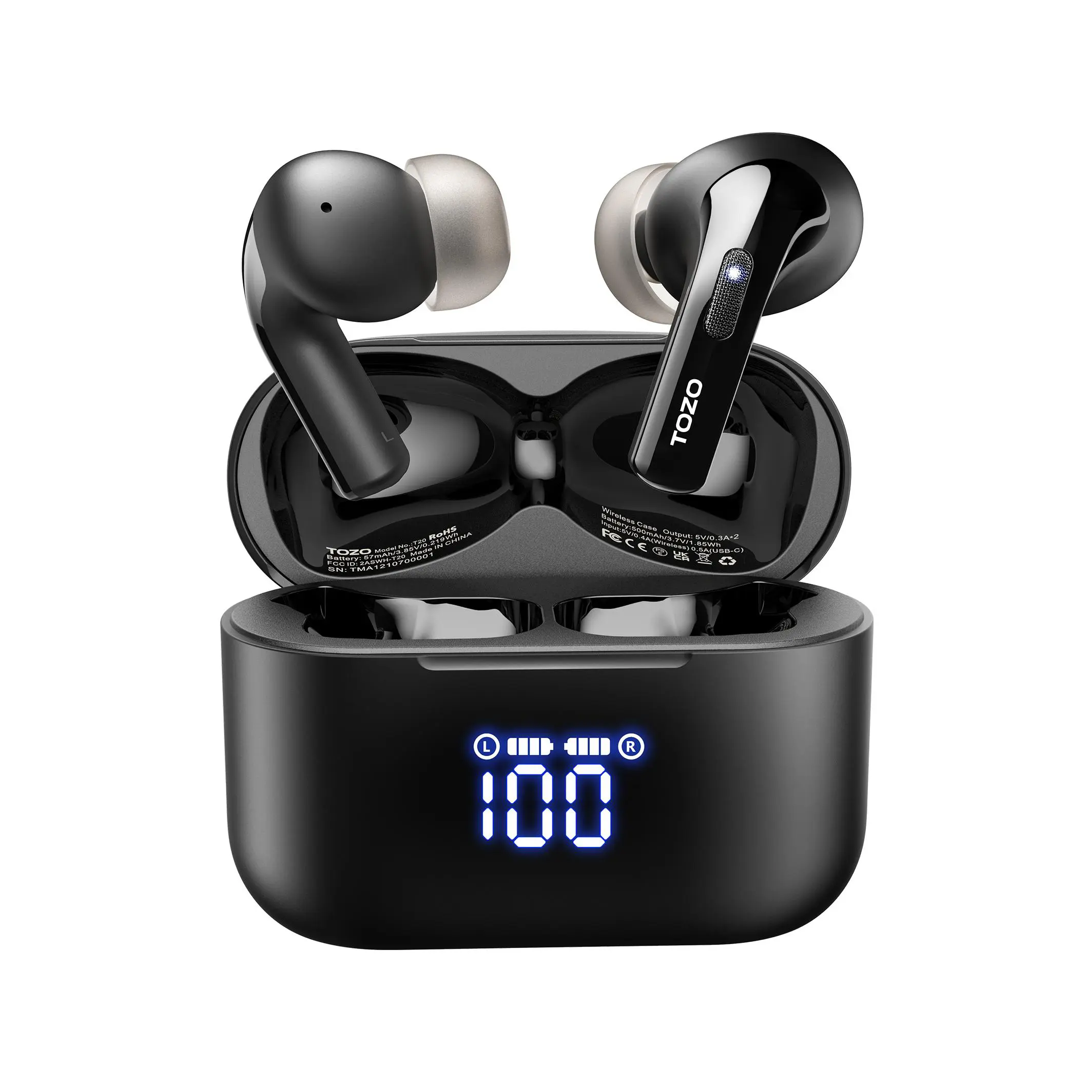 TOZO T20 Wireless Bluetooth In-Ear Earbuds - 48.5 Hrs Playtime, LED Digital Display, Noise Cancellation, USB Charging, Mini Headphones, Father's Day Gift, Electronic Audio Accessory