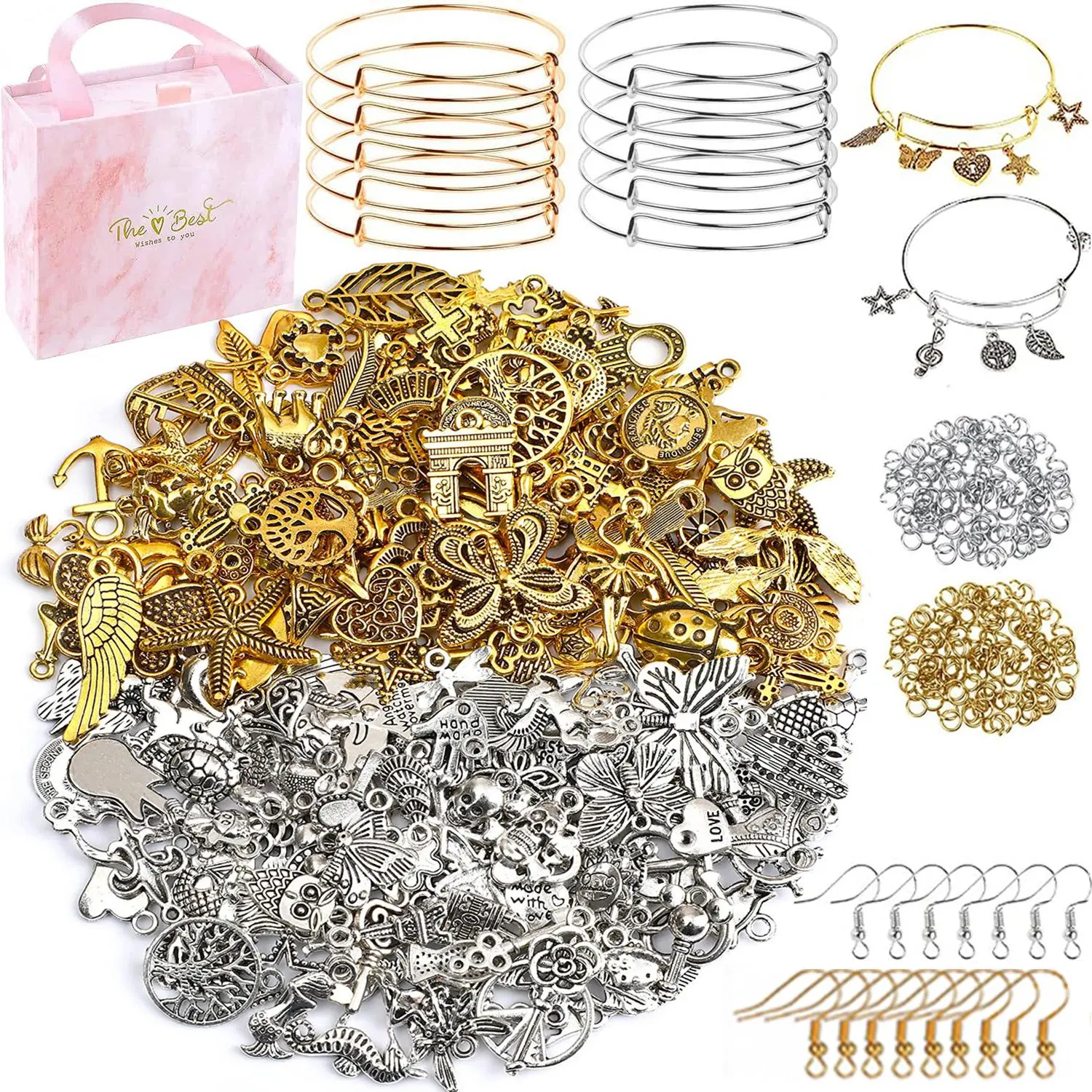 DIY Bangles Bracelet Making Kit, 171pcs/set DIY Jewelry Making Accessories Including 10pcs Expandable Bangle, 40pcs Pendants, 100pcs Jump Rings, 20pcs Earhooks & Gift Box, Diy Beading Accessories, Jewelry Making Supplies
