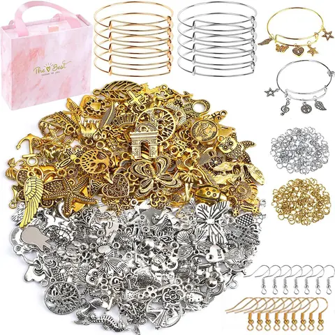 DIY Bangles Bracelet Making Kit, 171pcs/set DIY Jewelry Making Accessories Including 10pcs Expandable Bangle, 40pcs Pendants, 100pcs Jump Rings, 20pcs Earhooks & Gift Box, Diy Beading Accessories, Jewelry Making Supplies