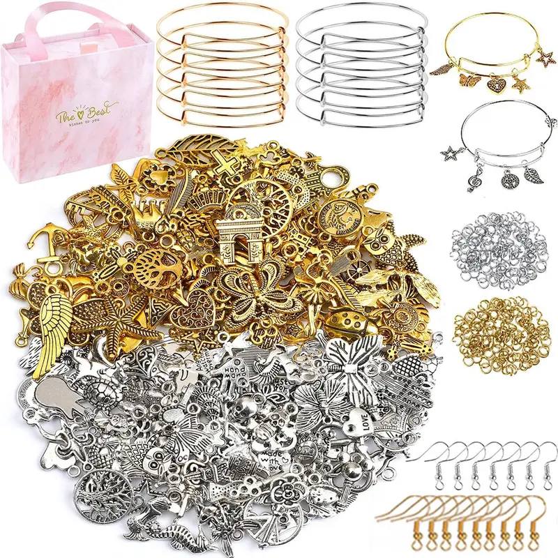 DIY Bangles Bracelet Making Kit, 171pcs/set DIY Jewelry Making Accessories Including 10pcs Expandable Bangle, 40pcs Pendants, 100pcs Jump Rings, 20pcs Earhooks & Gift Box, Diy Beading Accessories, Jewelry Making Supplies