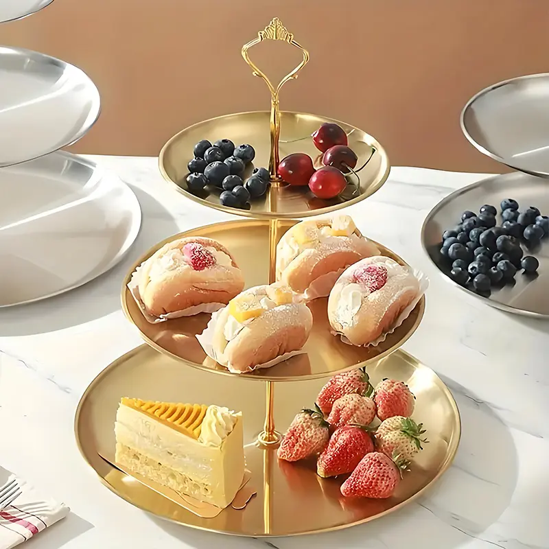 3 Tier Cupcake Stand Tea Party Trays 3 Tier Serving Tray Plastic Dessert Stand Cake Fruit Candy Display Tower for Wedding Birthday Tea Party (Round,Golden)