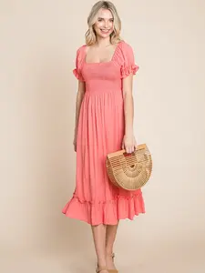 Women's Smocked Puff Short Sleeve Tie back Long Dress