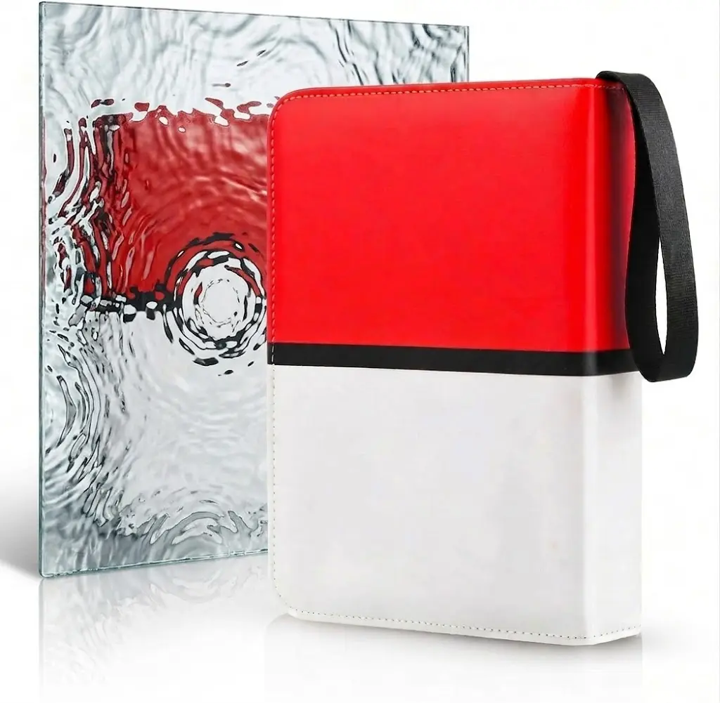 Cartoon Trading Card Collector Binder - 9 Pocket, 900 Card Capacity, School Portable Zippered PU Leather Album with 50 Removable Sleeves for Football Baseball Cards, TCG, MTG, Red&White