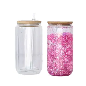 16OZ Glass Snowgobe cup with bamboo lid and straw