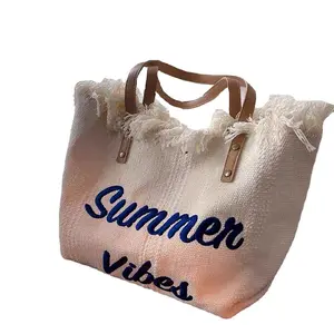  Embroidered Tote Bag – Large Capacity Women’s Beach Shoulder Handbag, Casual Style, Fixed Strap, Perfect for Summer Outings, Travel Tote Bag | Embroidered Lettering | Elegance, Beach Bag