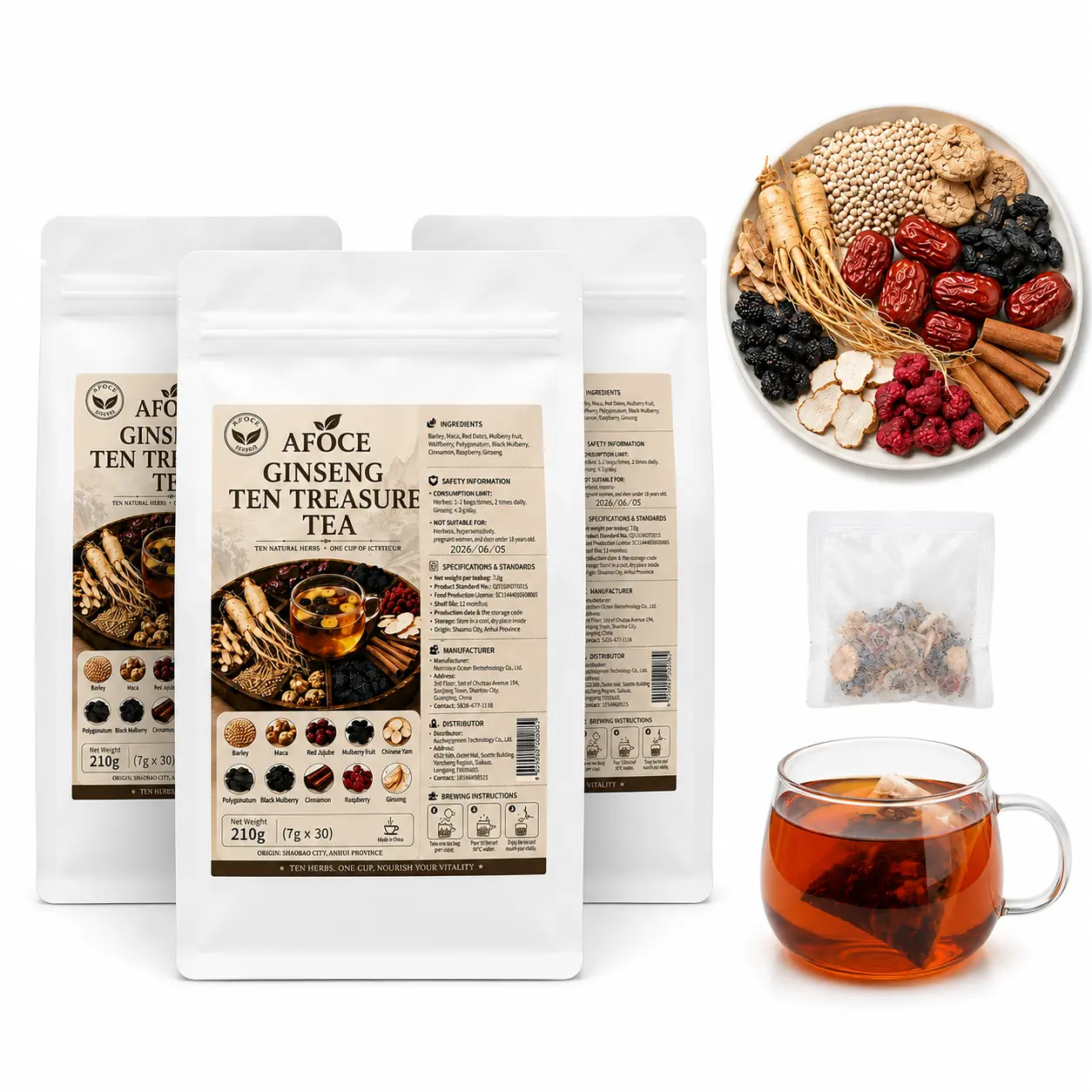 AFOCE 90-Count Ginseng Kidney Herbal Tea Bags, Upgraded 10-Treasure Ginseng Tea Formula with Maca, Goji Berry, Red Date & Mulberry, Men’s Daily Wellness Herbal Tea