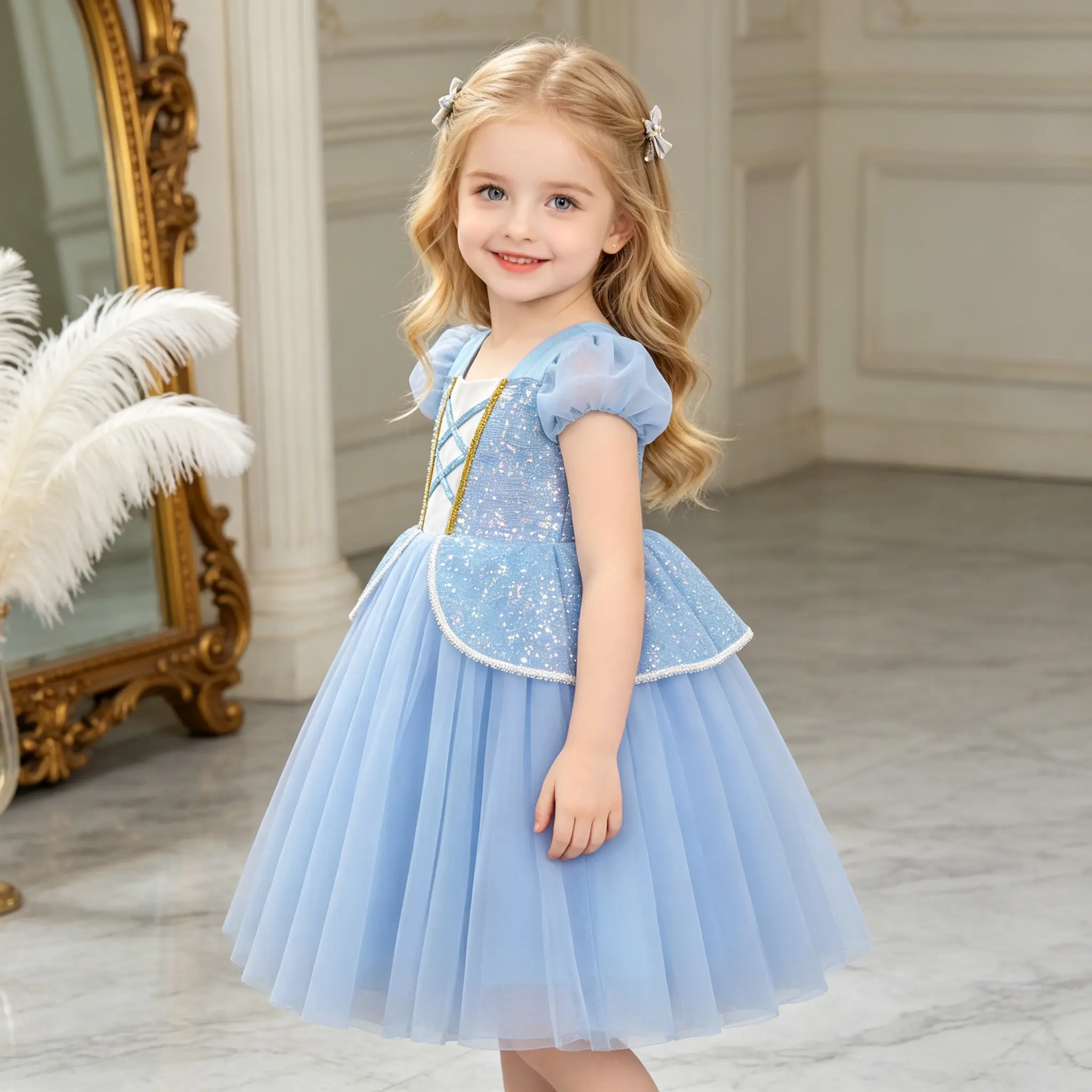 Girls Cinderella Princess Dress Blue Glitter Tulle Costume Puff Short Sleeve Peplum Design Kids Ball Gown for Birthday Party Halloween Dress Up Cosplay