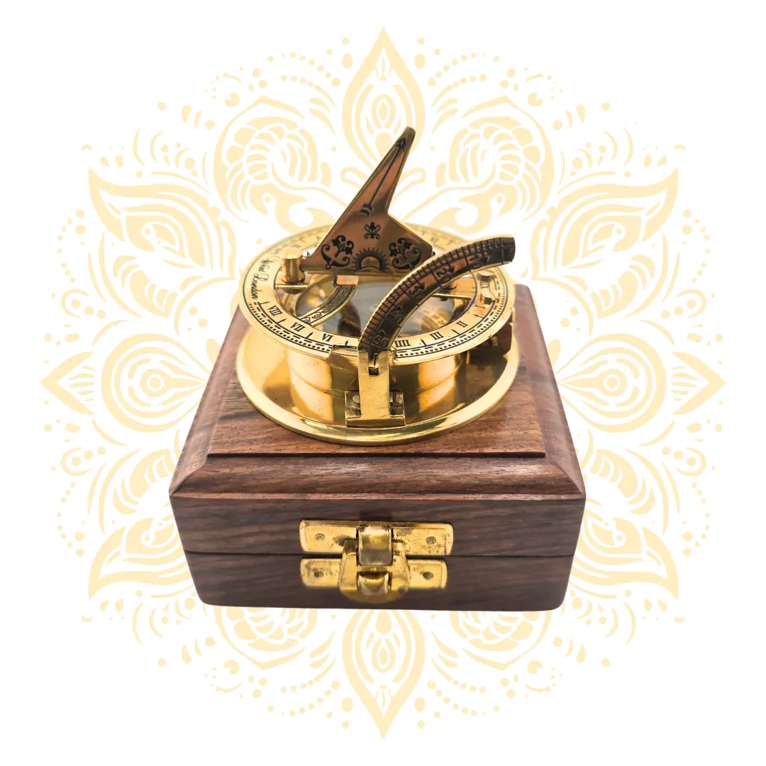 Vintage Brass Sundial Compass – 2.5 Inch Antique Navigation Instrument with Wooden Case