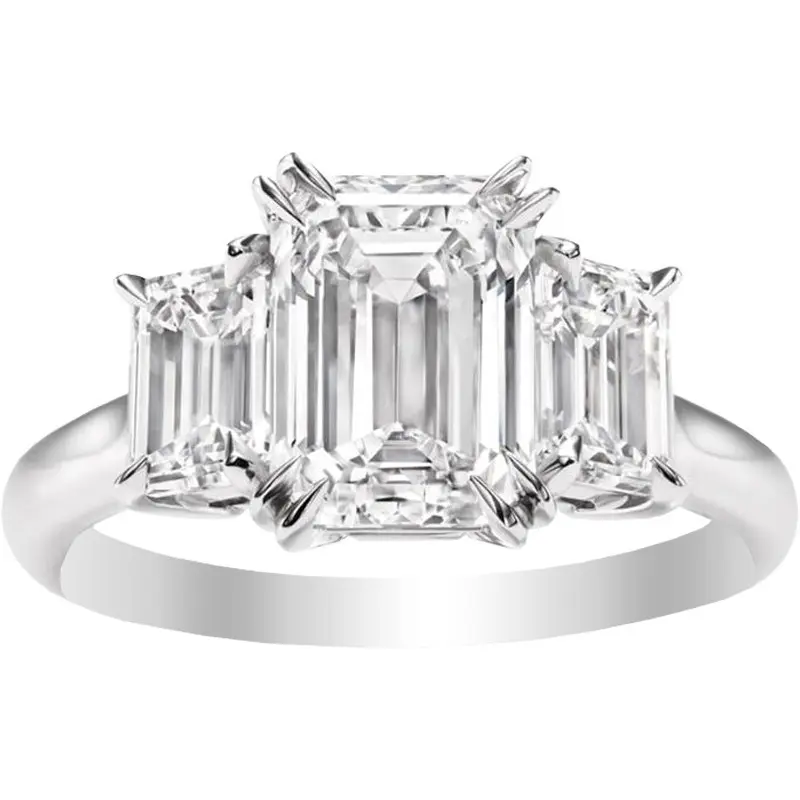 Women's S925 Silver 3CT Emerald Cut 3-Stone Moissanite Engagement Ring, 6-Prong Secure Setting Comfort Band, Handcrafted Step Cut Luxury Proposal Ring