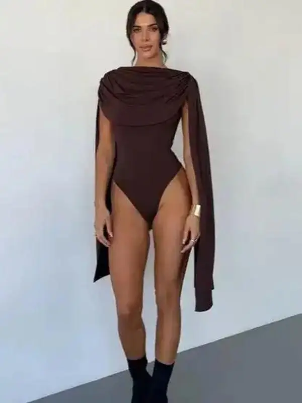 Essential Cape Style Sleeves Ruched Cowl Neck BodySuit Blouse Top Party Outfit Womenswear, effortless layering, chic everyday, refined casual, versatile piece, trending now, chic look