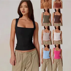 Women's Square Neck Sleeveless Double-Layer Tank Tops Basic Tight T Shirts short riding fit