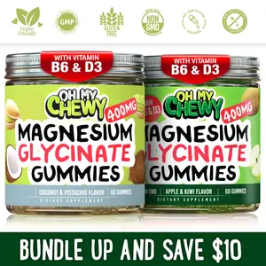 OH MY CHEWY Magnesium Glycinate Gummies Bundle – 2 Bottles (60 Each) – Coconut Pistachio & Apple Kiwi Healthy Snacks