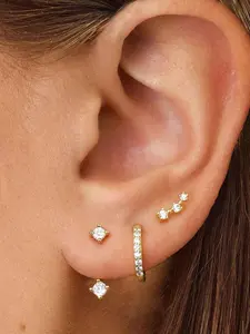 3-piece gold zirconium layered stud earrings - minimalist and luxurious ear ring set with ear bar studs, ear loops and ear hooks, 3-piece set