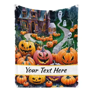 Halloween Blanket Pumpkin, Custom Throw Blanket with Name, Personalized Plush Fleece Blanket for Bedroom Living Room, 50" x 40"