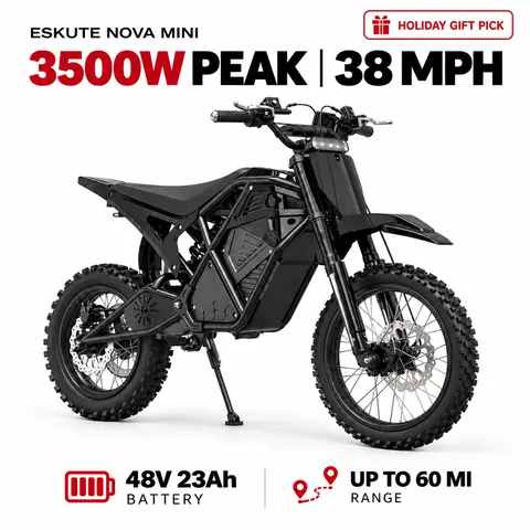 ESKUTE Nova Mini 3500W Peak Mid-Drive High-Torque Adult Electric Dirt Bike, 48V 23Ah Battery, 60-Mile Range, 3-Speed TUV-Certified Ebike, Dual Seat, Puncture-Resistant Tires, Tools Included, All-Terrain Off-Road for Camping, Christmas Gift, outdoorfun