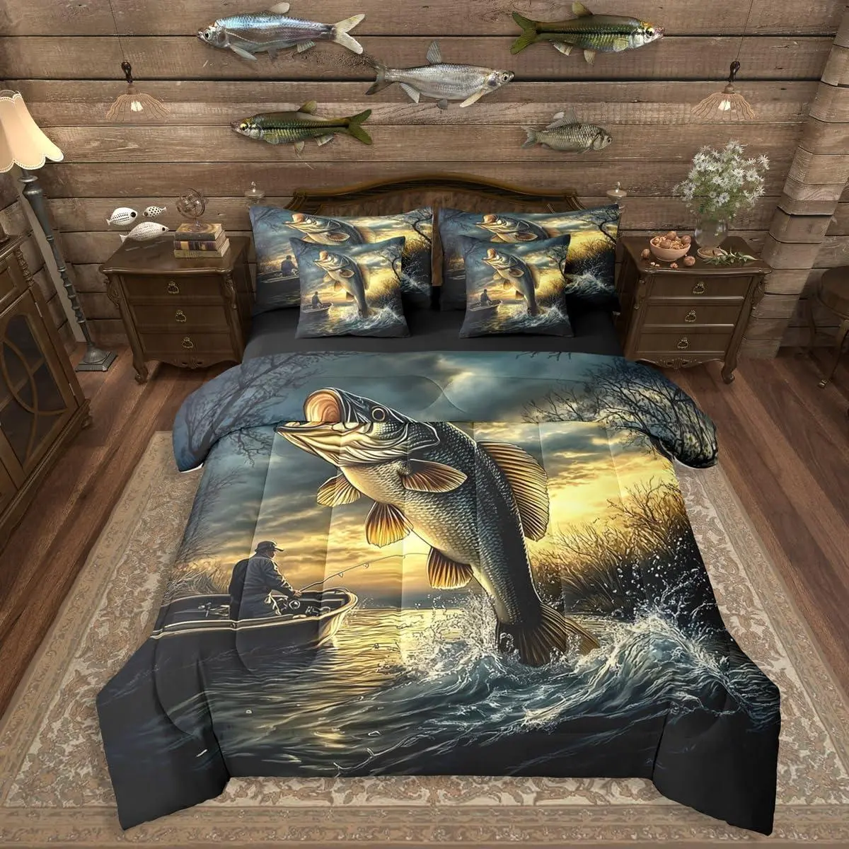 Bass Fishing Bedding Set,7 Piece Fisherman and Fish Bed in A Bag with Sheets Big Pike Fish Comforter Set for Boys Teens Adults,Lake House Rustic Country Bed Sets