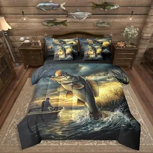 Bass Fishing Bedding Set,7 Piece Fisherman and Fish Bed in A Bag with Sheets Big Pike Fish Comforter Set for Boys Teens Adults,Lake House Rustic Country Bed Sets