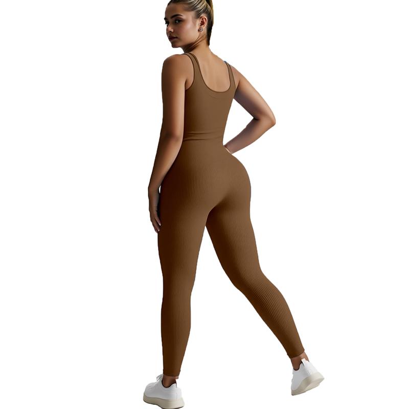 Women's Seamless Ribbed Knit High-Stretch Tummy Control Butt Lifting Yoga Bodysuit Square Neck Sleeveless Plain Solid Color Long Length Minimalist Elegant All Seasons Athletic Style Workout Gym Clothing