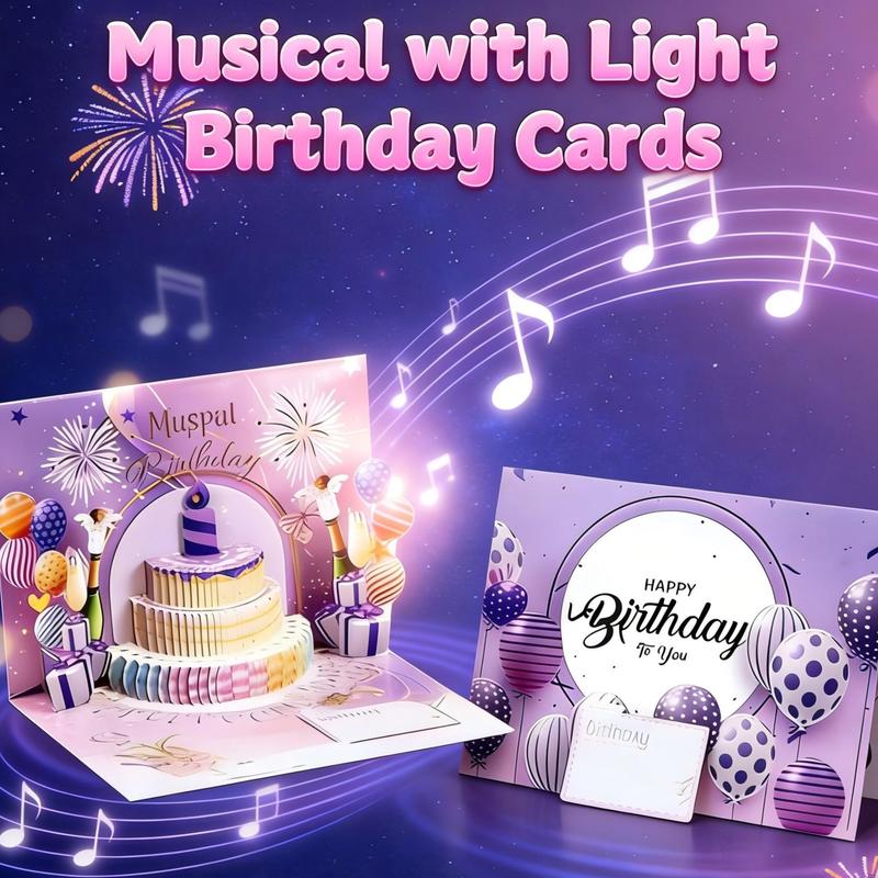 BREEZA Birthday Cards Fireworks Pop Up Cake Blowable Light and Music Happy Birthday CardGifts for Wife,Husband, Grandpa,Grandma,Daughter,Son Birthday Gift,Cake Fireworks LED Candle Lights,3D Birthday Card with Music and Colorful Lights