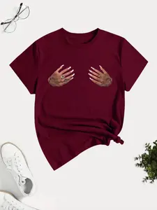 Women's Hand Print Round Neck Tee, Casual Fashion Short Sleeve T-shirt for Summer, Ladies Clothes for Daily Wear