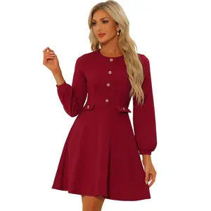 Allegra K Women's Round Neck Work Office Button Decor Long Sleeve A Line Dress Red Medium