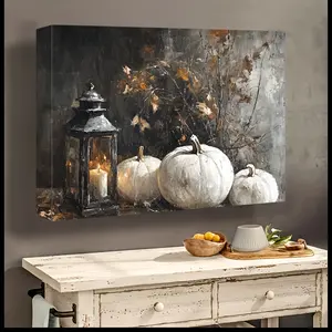 1pc Autumn Pumpkin Oil Painting on Canvas, 1.5-Inch Solid Pine Wood Frame, White Pumpkin Still Life Artwork with Rustic Farmhouse Aesthetic, Seasonal Harvest Theme for Thanksgiving & Halloween, Perfect Gift for Family, Kitchenwall decor
