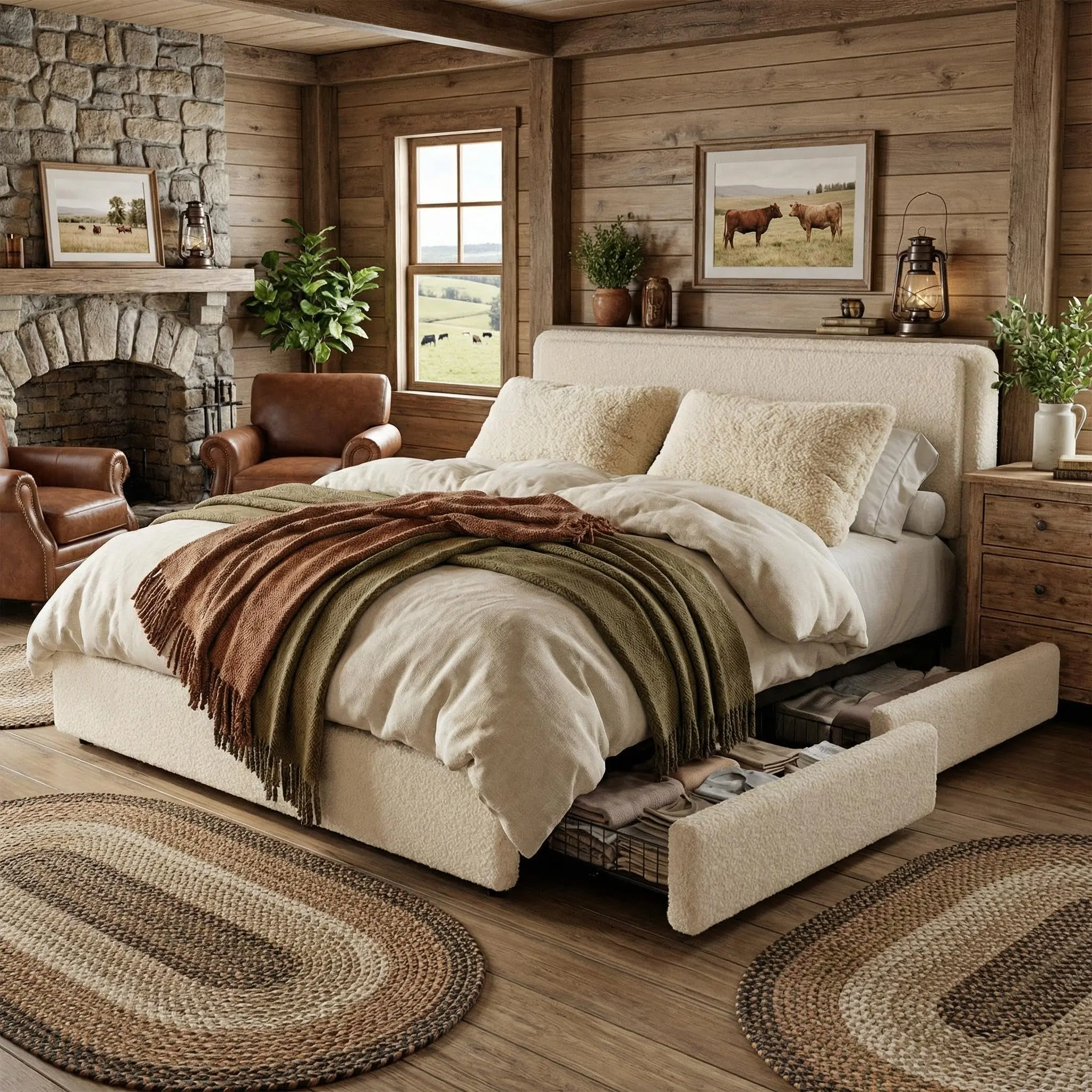 Full Size Rectangular Wood Cloud Bed Frame - Modern Upholstered Teddy Fleece Headboard Bed Frames, 2 Sturdy Storage Drawers, Adjustable Soft Fabric, Quick Setup, Assembly Required, No Box Spring Needed, Cream Indoor Furniture, Cloud Bed Frames