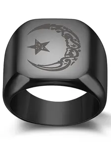 Simple Versatile 18mm Square Laser Engraved Moon Star Ring, Stainless Steel Band, Elegant Jewelry for All Seasons