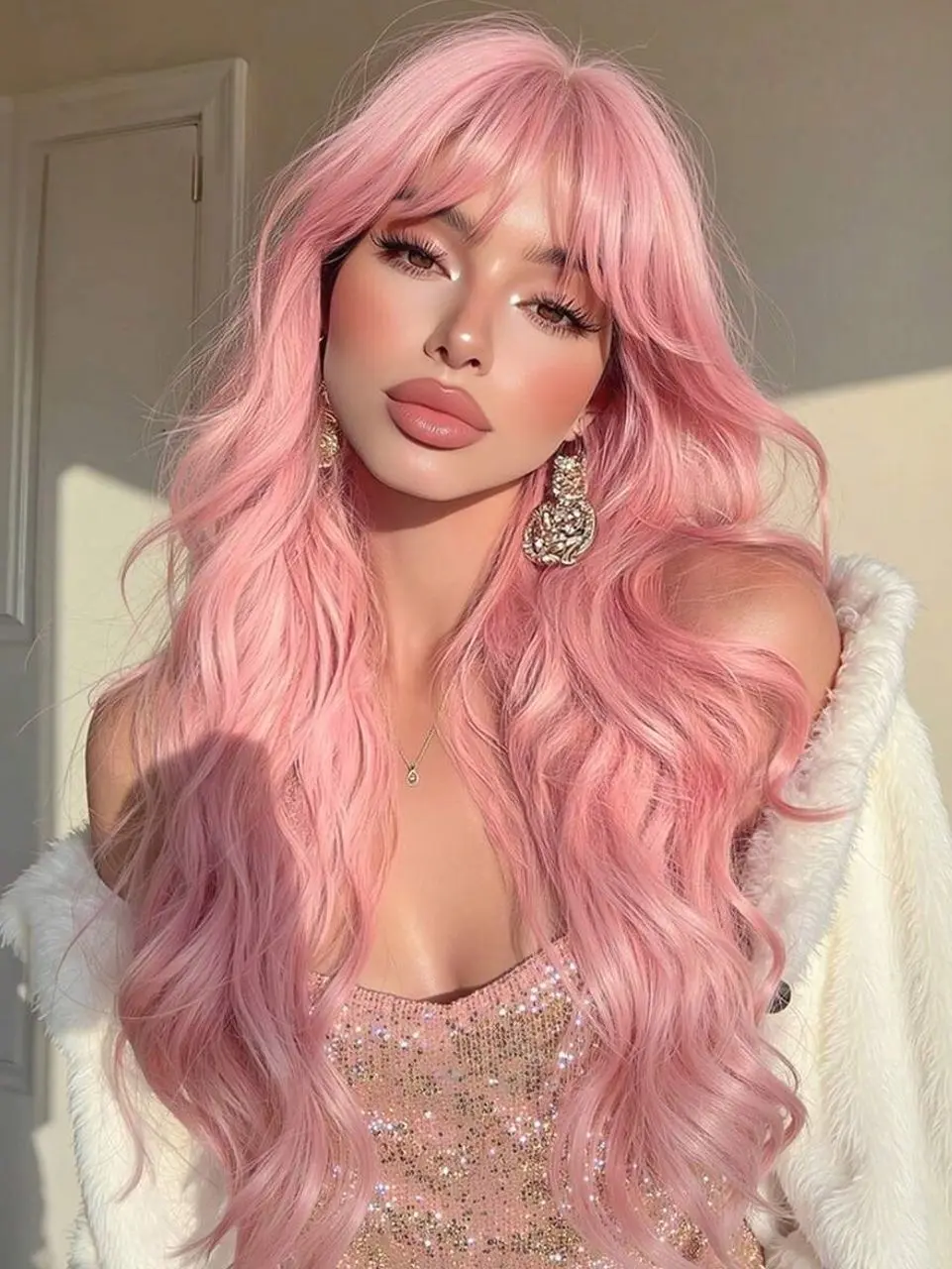 💖 26 Inch Pink Curly Wig With Bangs, Long Synthetic Wig For Cosplay, Parties, Festivals And Everyday Wear.