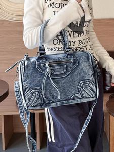 women's fashionable denim effect tote bag, casual large capacity shoulder bag for daily used, trendy all-match bag for commuters and students, crossbody shoulder bag