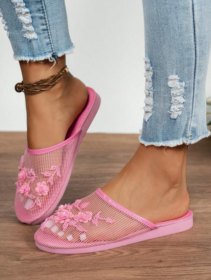 Women's Floral Beaded Mesh Chinese Slippers