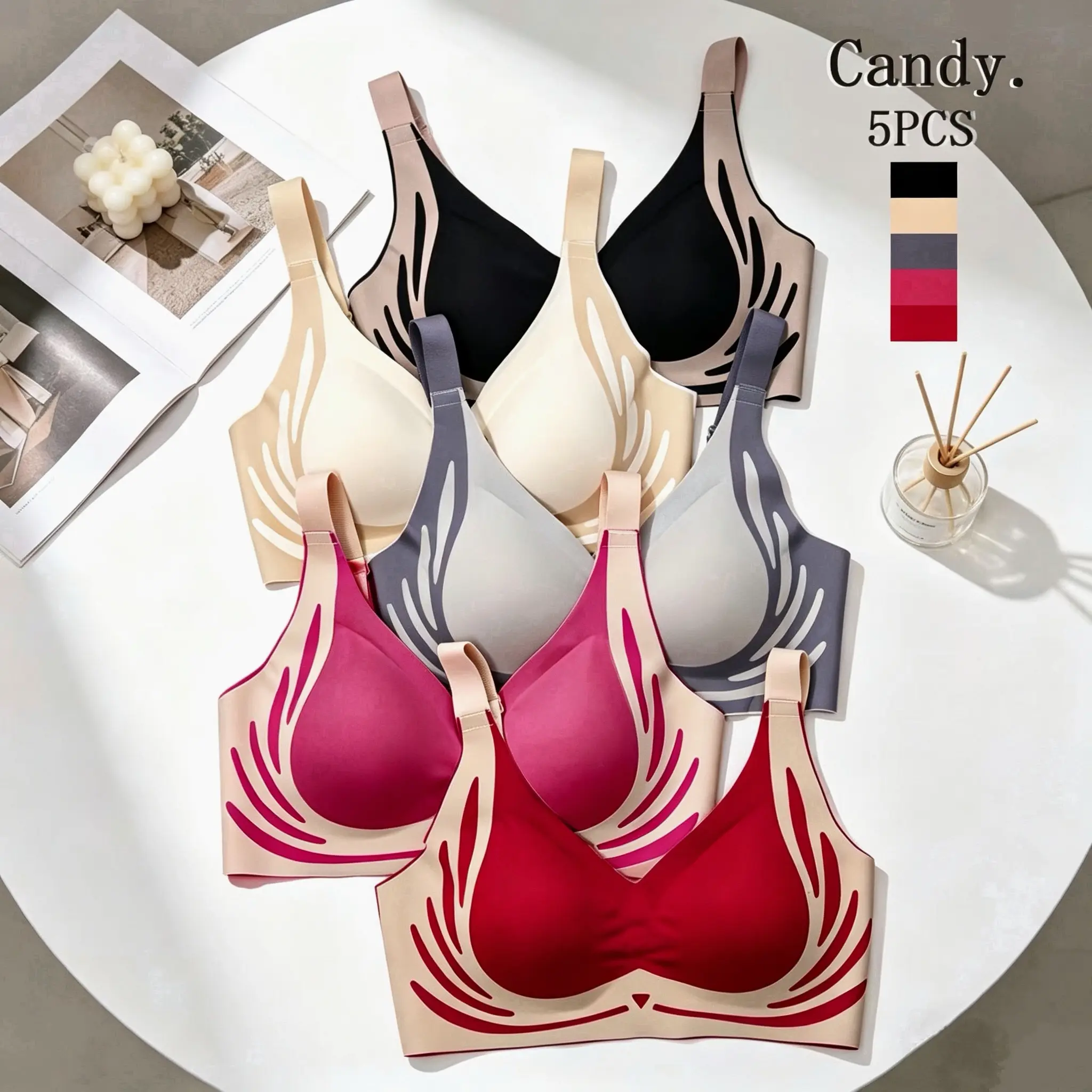 Women's Bras 5-Pack, Casual Wireless Seamless Bralettes with a Patchwork Look, Soft and Comfortable with Adjustable Straps, 5Pack-1, Wireless Seamless Bras, All Season, Grace, Push Up, Elastane, Nylon Blend