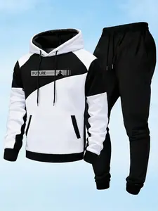 FUTURE Print Men's Casual 2 Piece Set: Color Block Hoodie & Black Elastic Cuff Pants