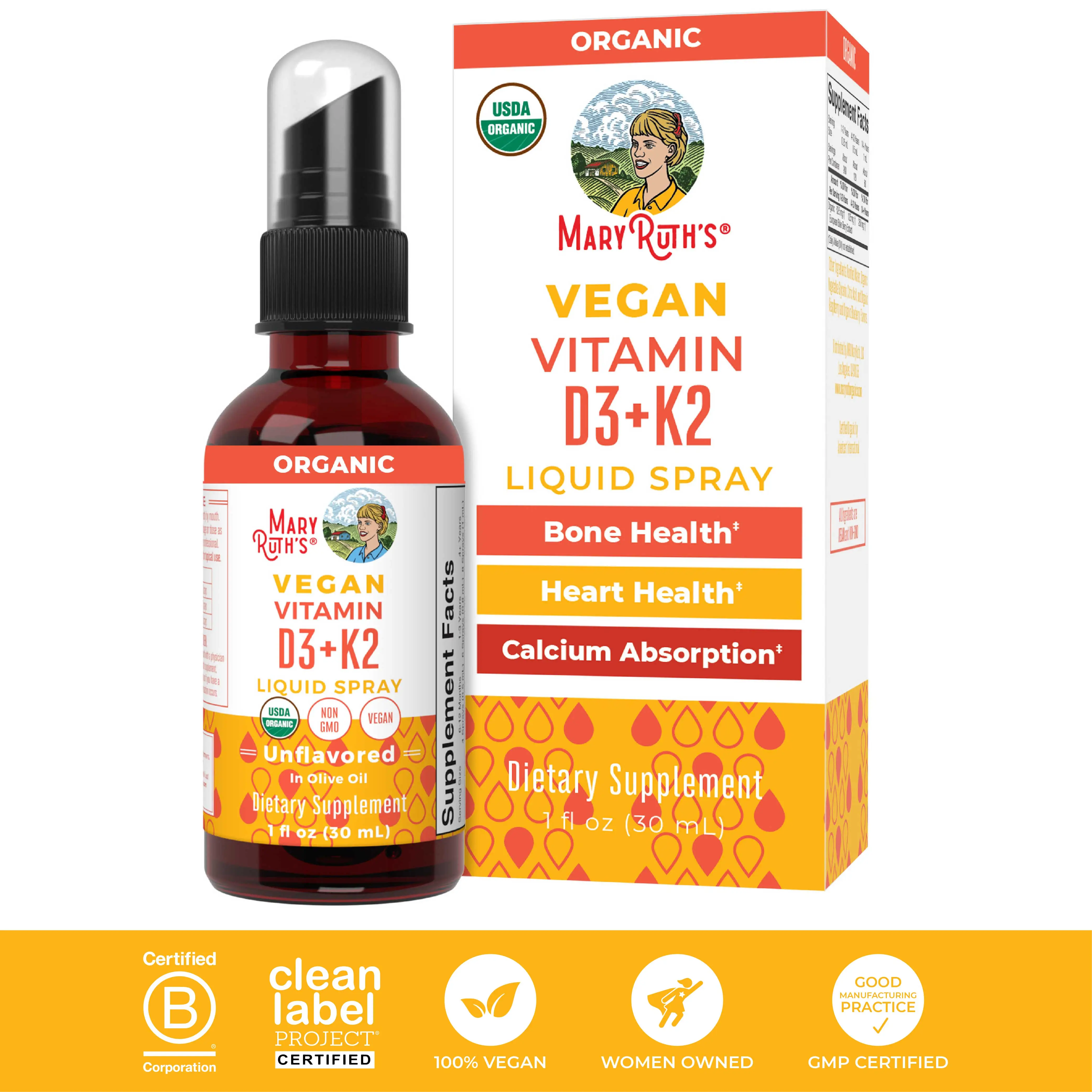 MaryRuth's Organic Vitamin D3+K2 Liquid Spray - Bone Health - Heart Health - Cal...
