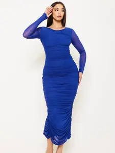 Double Lined Ruched Mesh Dress Studded With Rhinestones & A Back Slit - Vestido De Malla Fruncida Con Doble Forro, Tachonado Con Pedrería & Abertura Atras