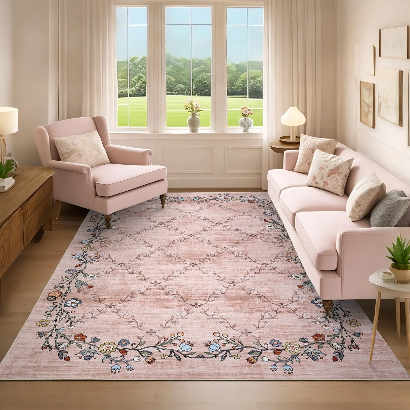 Modern Flower Printed Area Rug Washable Floral Carpet Soft Foldable Thin Rug Indoor Decorative Carpet for Bedroom Office Cafe Restaurant Laundry Room