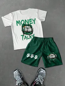Two-Piece Set Men's Cartoon Money & Letter Graphic Print Short Sleeve Tee & Shorts, Regular Fit Casual Round Neck T-shirt & Shorts, Men's Summer Clothes Set for Outdoor, Menswear