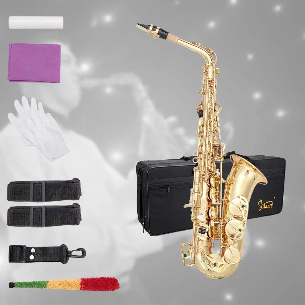 Glarry Compact Gold Lacquer Eb E-Flat Alto Saxophone - Brand New Musical Instrument Beginner Kit for Adult and Children, with Case, Reeds, Mouthpiece, Soft Cloth, Rod, Gloves, Neck Strap, Glossy Finish, Luxury Accessories