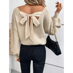 Women’s Elegant V-Neck Sweater with Bow Detail & Back Tie Closure – Soft Long-Sleeve Pullover, Solid Color All-Season Versatile Top for Casual and Formal Wear, Casual Chic Style, Minimalist Design, High-Quality Fabric