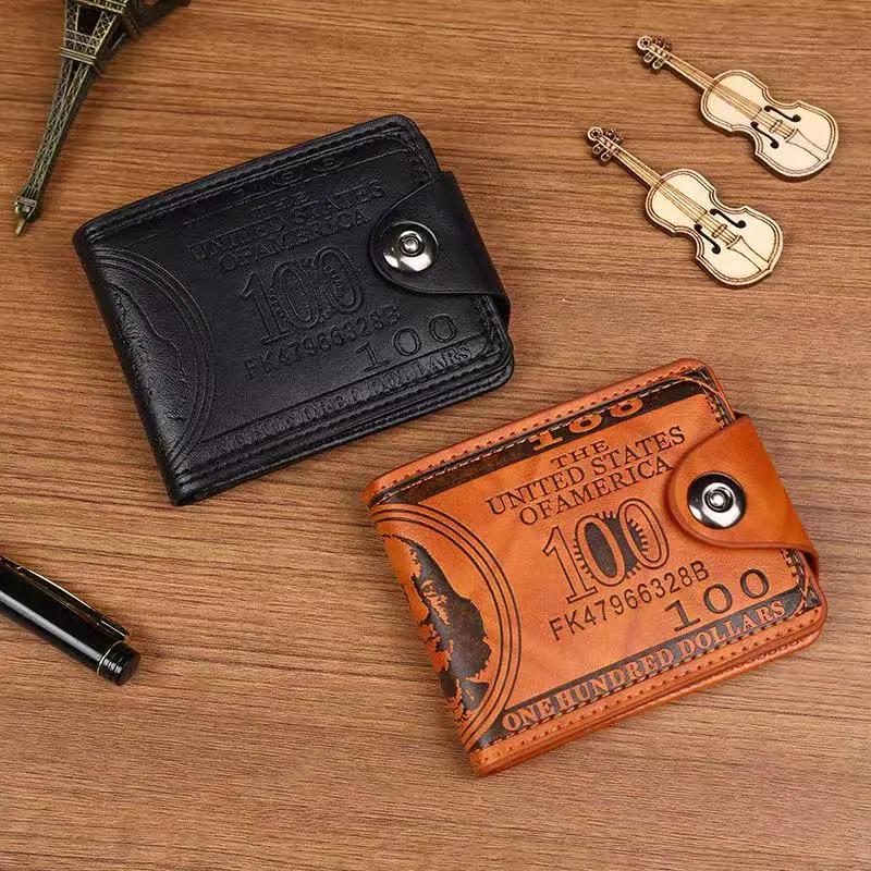 Men's Short Bifold Wallet with Embossed 100 Dollar Pattern, Faux Leather Purse with Metal Snap Button, Multi Card Slots & Coin Pocket, Black & Brown 2 Colors Available