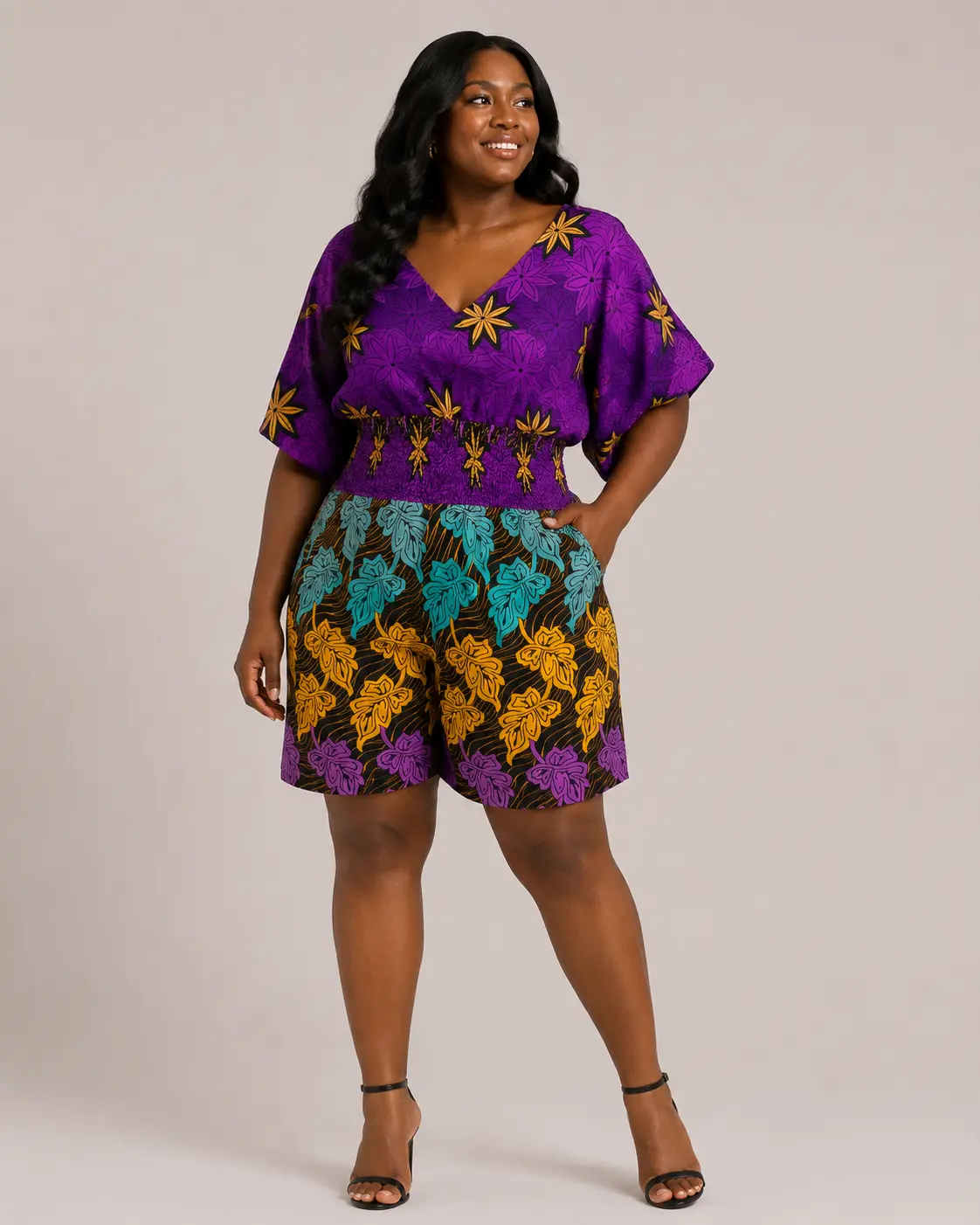 Ankara Smocked Waist  Kaftan Jumpsuit Plus Size Purple Teal Gold African Print Short Romper V Neck Kimono Sleeve Women Casual Summer African Print Jumpsuit
