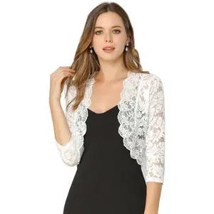 3/4 Sleeve Sheer Floral Lace Shrug Top White