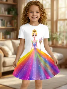Girls Summer Rainbow Princess Print Dress, Kids Magic Scepter Crew Neck Short Sleeve A-Line Dress