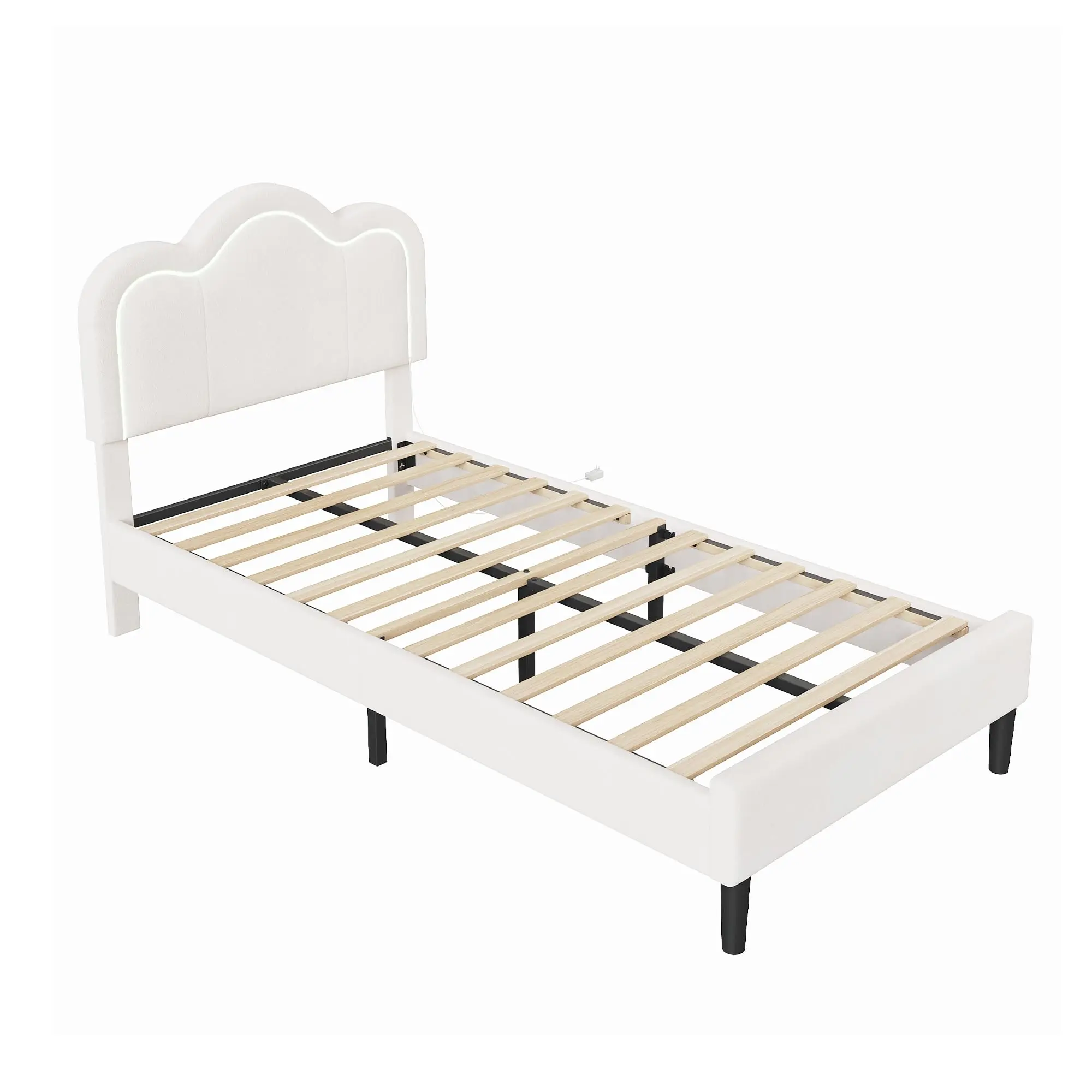 Garvee Twin Bed Frame with Upholstered Adjustable Headboard and Smart LED, Velvet Princess Platform Bed in Beige, Wood Slats Support, Easy Assembly, No Box Spring Needed, Optional Drawer